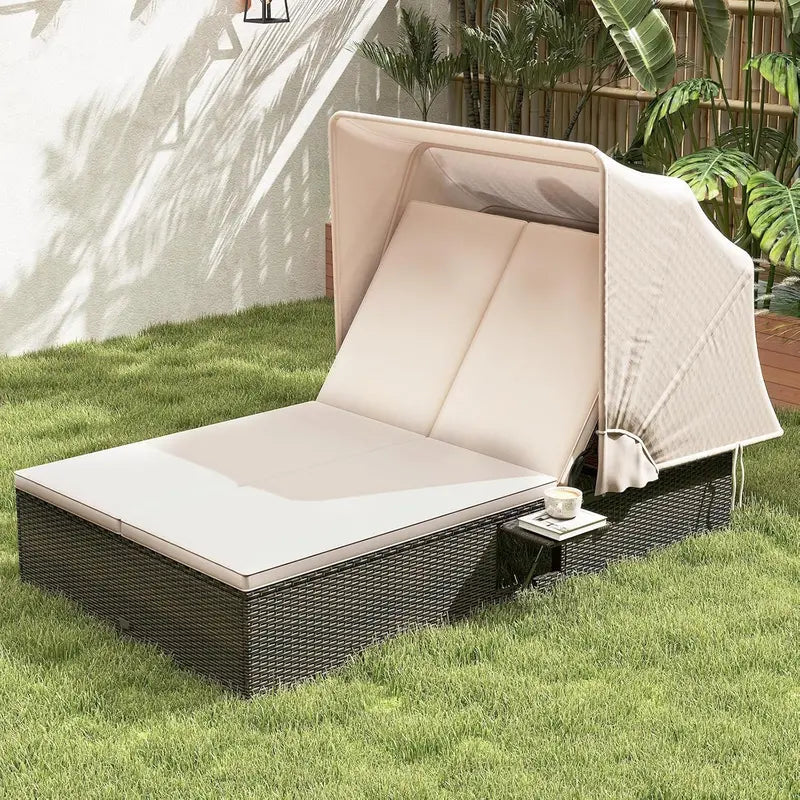 RELAX4LIFE Outdoor Wicker Daybed  Retractable Canopy Chaise Lounge with 6-Position Backrest