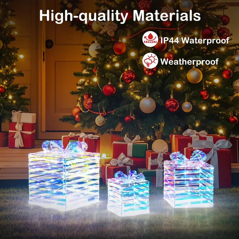 Three-Piece Lighted Gift Box Set — 90 LED-Illuminated Presents with Bows, Zip Ties & Ground Stakes