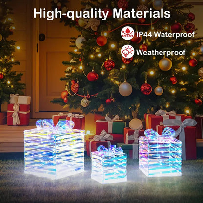 Three-Piece Lighted Gift Box Set — 90 LED-Illuminated Presents with Bows, Zip Ties & Ground Stakes