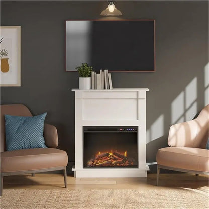 Ameriwood Home Ellsworth Electric Fireplace Console  White Mantel Unit with Built-In Heater and Ambient Glow