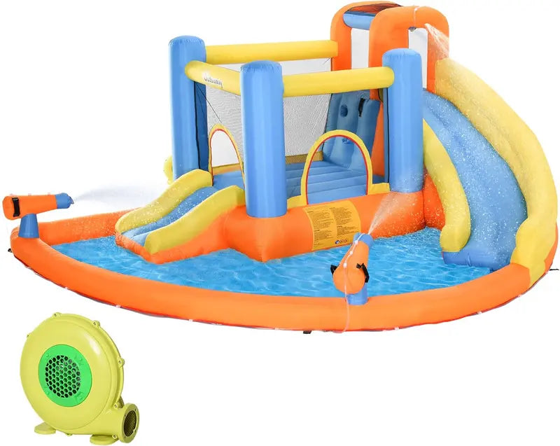 5-in-1 Inflatable Water Park for Kids — Slide, Bounce House, Climbing Walls, Dual Water Cannons & Splash Pool