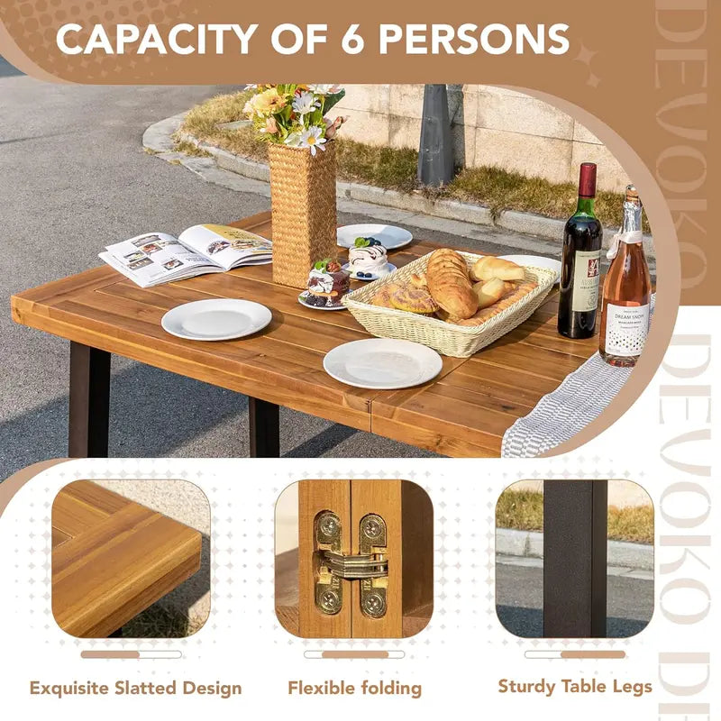 Devoko Acacia Wood Dining Table for 6 — Indoor/Outdoor Use with Sandblasted Iron Legs