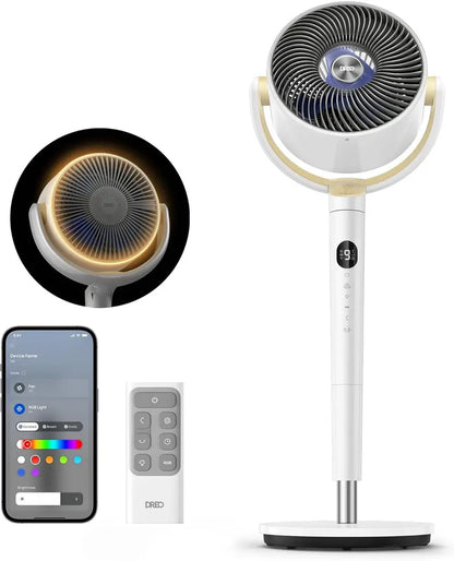 DREO RGB Smart Pedestal Fan: 120°+120° Omni-Oscillation, 9-Speed Quiet DC Motor, 8H Timer, Wi-Fi & Voice Control with Ambient Lighting