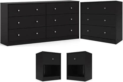 Scandinavian-Inspired 3-Piece Bedroom Set  Engineered Wood Chest, Double Dresser &amp; Nightstand in Black with Pewter Handles