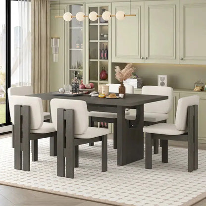7-Piece Solid Wood Dining Set  Rectangular Trestle Table with 6 Upholstered Chairs
