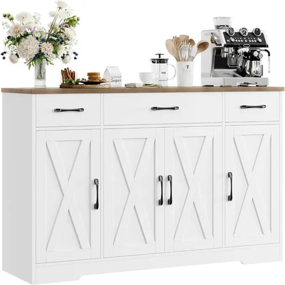 HOSTACK Modern Farmhouse Buffet Cabinet  55-Inch Wooden Sideboard with Drawers, Shelves & Doors for Coffee Bar or Dining Room Storage