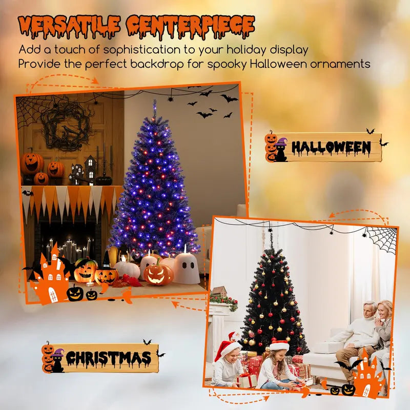 6-8 ft Black Pre-Lit Halloween Tree  Hinged Decorative Tree with 280500 Orange & Purple LED Lights