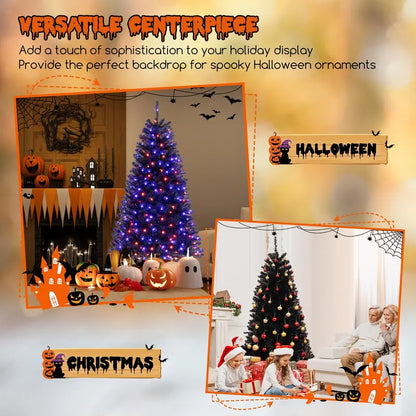 6-8 ft Black Pre-Lit Halloween Tree  Hinged Decorative Tree with 280500 Orange & Purple LED Lights