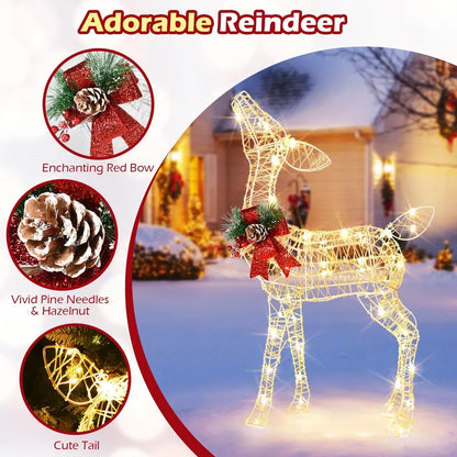 Pre-Lit Baby Reindeer Decoration  Lighted Holiday Figurine with 50 Warm White LEDs & Festive Red Bow