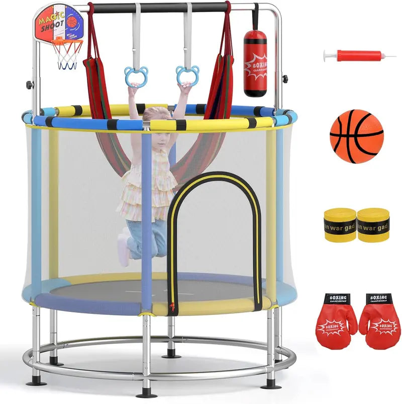 55-Inch Kids’ Mini Trampoline  Heavy-Duty Bouncer with Hammock & Enclosed Safety Net