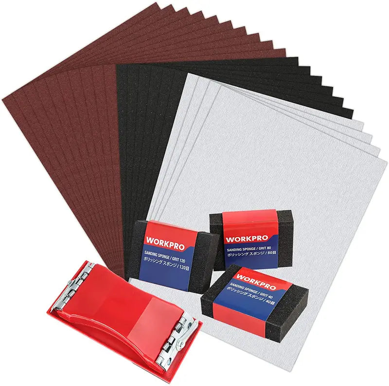 WORKPRO Assorted Sandpaper Pack  24 Sheets (80600 Grit) with Sanding Holder
