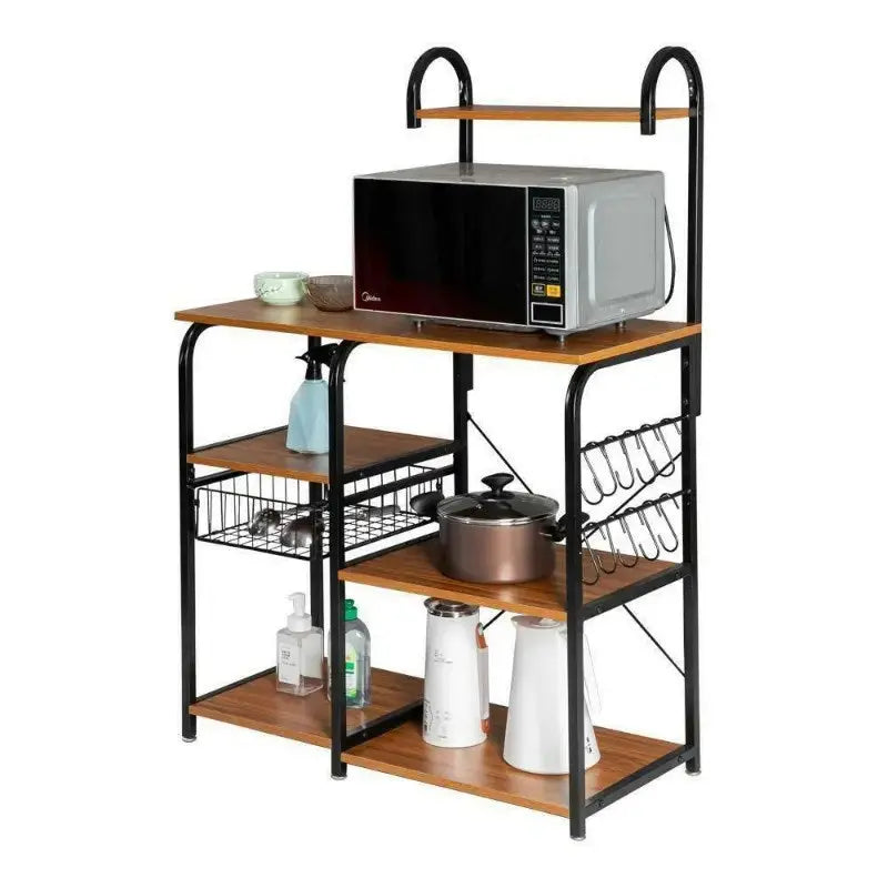 Premium Kitchen Microwave Storage Cart with Utensil Rack, 35.5″, Vintage/Black, Multi-Tier Metal Frame
