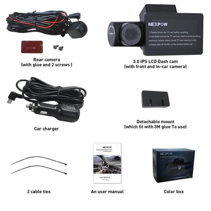 Nexpow Car Dash Cam 3 Channel, 4K Dash Camera Front and Rear, 3  LCD Screen