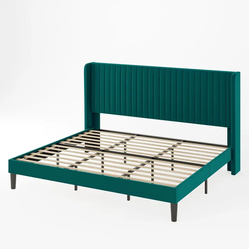 Allewie Full Size Velvet Wingback Bed  Channel-Tufted Upholstered Frame with Vertical Headboard