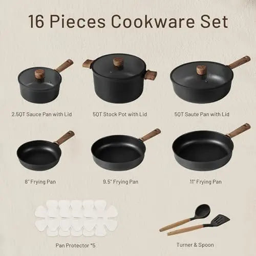CAROTE 16pc Non-Stick Pots & Pans Set with Stay-Cool Handle  Black Induction Cookware