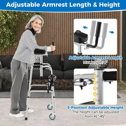 Heavy-Duty Folding Walker  450 lb Capacity, 5-Inch Wheels, Padded Seat & Removable Armrests