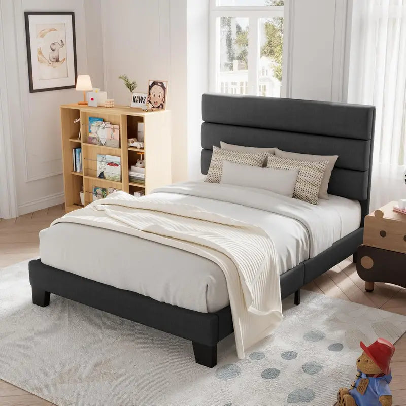 Allewie King Platform Bed Frame  Velvet-Upholstered Headboard with Solid Wood Slats