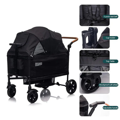 Lightweight Foldable Double Wagon Stroller  Push-Pull Travel Stroller for Newborns & Toddlers, 5-Point Safety Harness, Canopy, Tray Table & Cup Holder