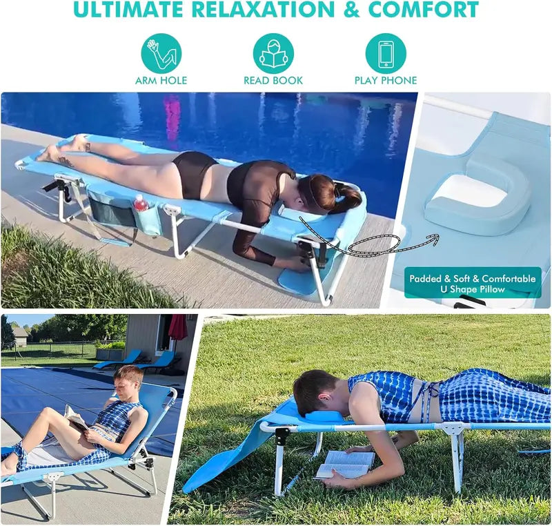 Heavy-Duty Tanning Chair with Face Hole & Sun Canopy  5-Position Recliner, UPF 50+ Shade, Supports Up to 300 lbs for Pool, Beach or Camping