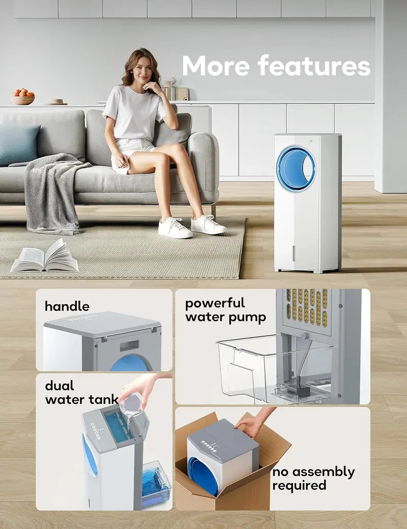 Windowless Evaporative Air Cooler  Compact 26.3″ Portable Unit with 3 Speeds, 4 Modes, 7-Hour Timer, Ice Packs & Remote for Bedroom Use