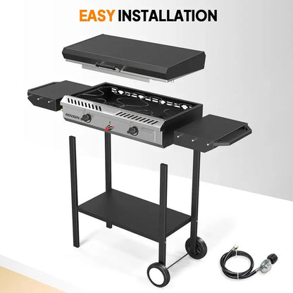 150,000 BTU Outdoor Propane Stove  2-Burner with Griddle, Auto-Ignition, Side Shelves & Regulator for Camping, Brewing & Grilling