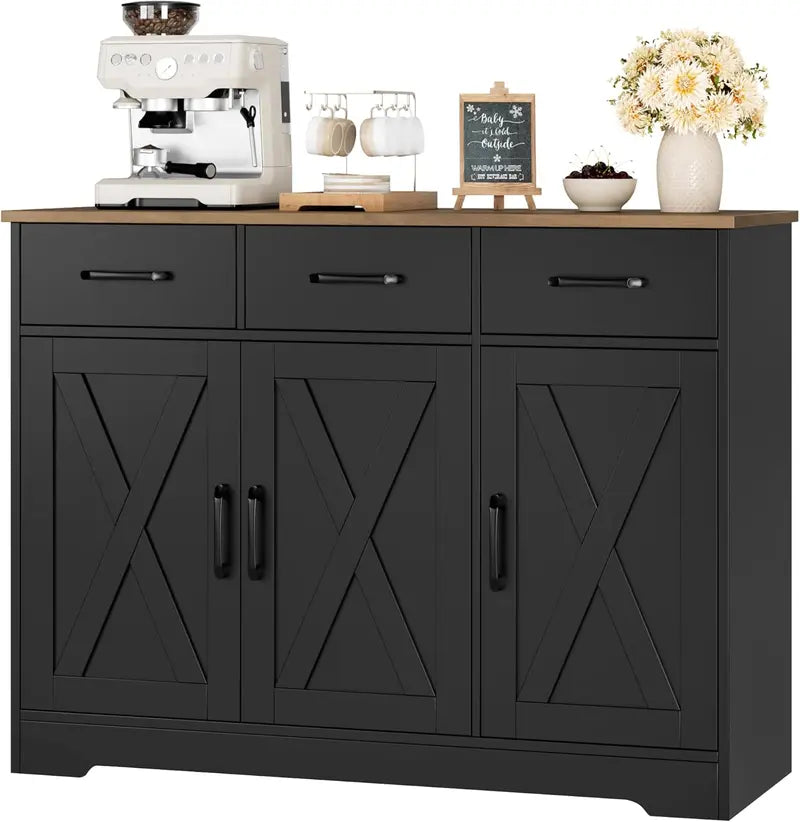HOSTACK Farmhouse Buffet Cabinet  Barn-Door Design, Drawers & Hidden Storage