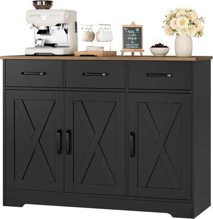HOSTACK Farmhouse Buffet Cabinet  Barn-Door Design, Drawers & Hidden Storage