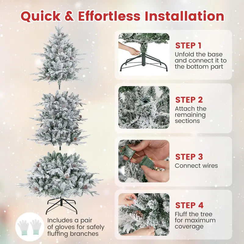 6-Foot Snow-Flocked Hinged Christmas Tree with 210 Warm-White Incandescent Bulbs