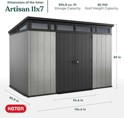 Keter Artisan 11′ x 7′ Modern Resin Storage Shed Kit  Stylish, All-Weather Outdoor Storage for Patio Furniture & Garden Equipment
