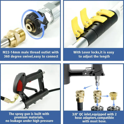JANZ TW-004 24FT Telescoping Pressure Washer Wand, Adjustable Aluminum Extension with 7 Nozzles & Brush, 4000 PSI Compatible