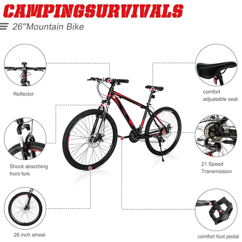 CamPingSurvivals 26-Inch 21-Speed Mountain Bike  Lightweight Aluminum Frame, Unisex Fitness Bike in Red/Black