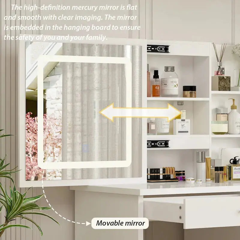 LED Vanity Desk Set  White Makeup Station with Illuminated Mirror and Matching Stool (39.4″ Wide)