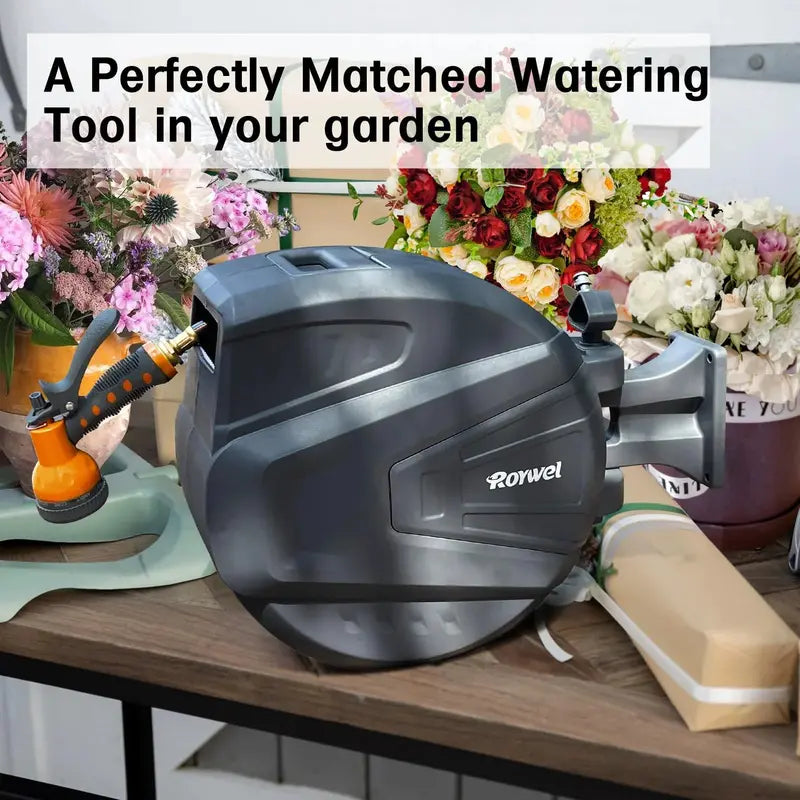 Roywel 65-Foot Retractable Garden Hose Reel with Wall-Mount Bracket