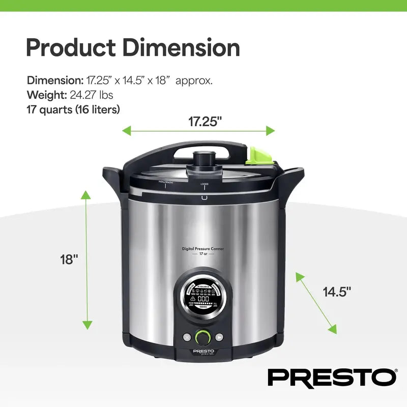 Presto Precise 17-Quart Stainless Steel Electric Pressure Canner  Energy-Efficient & Safe