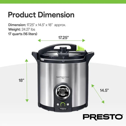 Presto Precise 17-Quart Stainless Steel Electric Pressure Canner  Energy-Efficient & Safe