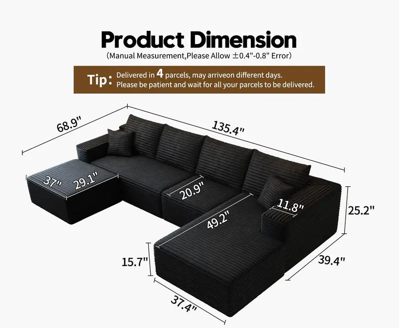 Cloud Modular L-Shaped Sectional Sofa  107.5-Inch Minimalist Corner Lounge with Deep Seating