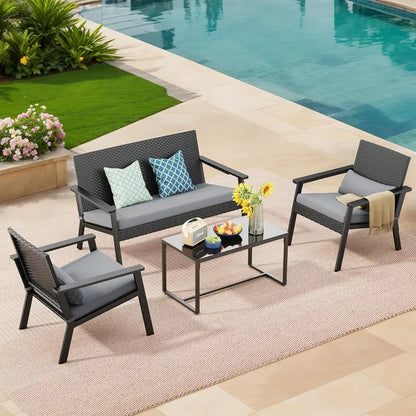 Ahomly 4-Piece Gray Wicker Patio Set  Deep-Seating Outdoor Sofa with Table for Balcony or Backyard
