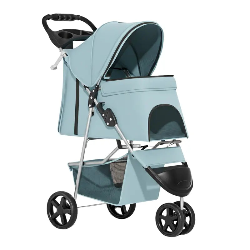 All-Weather Foldable Pet Stroller with Canopy, Cup Holders, and Undercarriage Basket