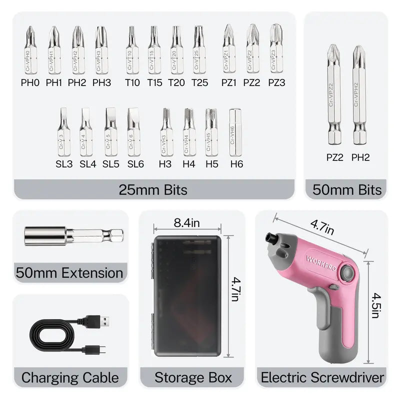 WORKPRO 3.6V Offset-Shaft Cordless Screwdriver  22-Piece Bit Set in Pink Ribbon Packaging