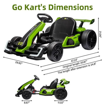 24V Electric Go-Kart for Outdoor Racing  300W Motor, Drift/Sport Mode, Adjustable Frame, EVA Tires (Green)