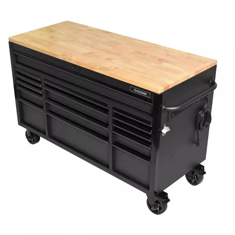 Heavy-Duty 61-Inch Mobile Workbench  15-Drawer Design with Solid Wood Top