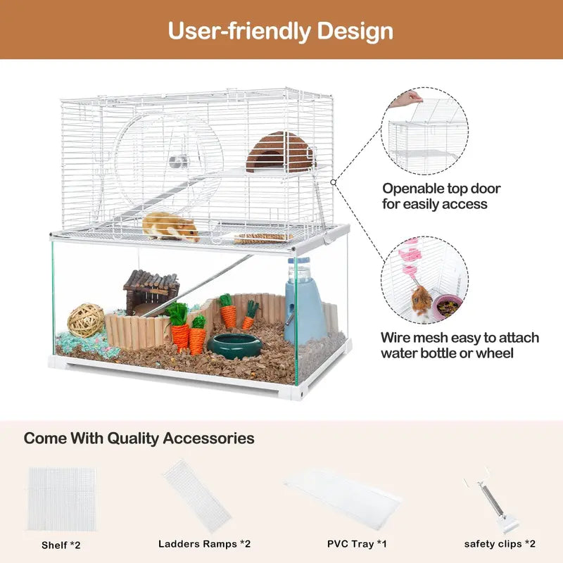Large 3-Tier Hamster Habitat  Glass Base with Wire Topper, Ramps, Ladders & Waterproof Tray