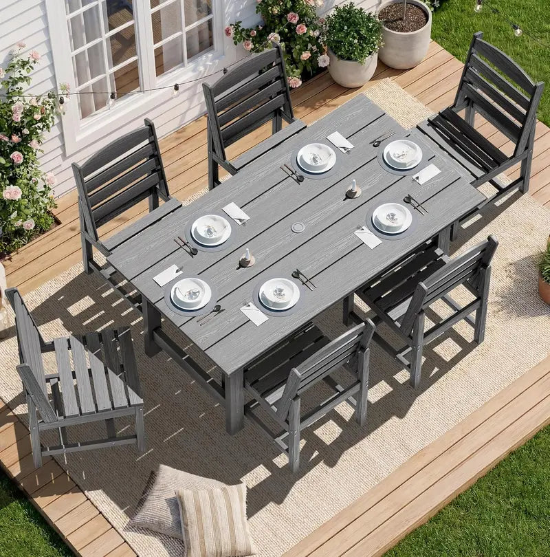SERWALL 7-Piece Blue HDPE Outdoor Dining Set with Umbrella Hole and Stackable Chairs