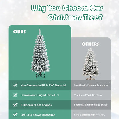 Hinged Snow-Flocked Pencil Christmas Tree  Ultra-Slim Pre-Lit Holiday Tree