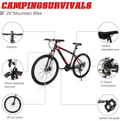CamPingSurvivals 26″ Lightweight 21-Speed Mountain Bike  Unisex Fitness & Commuting Design (Red/Black)