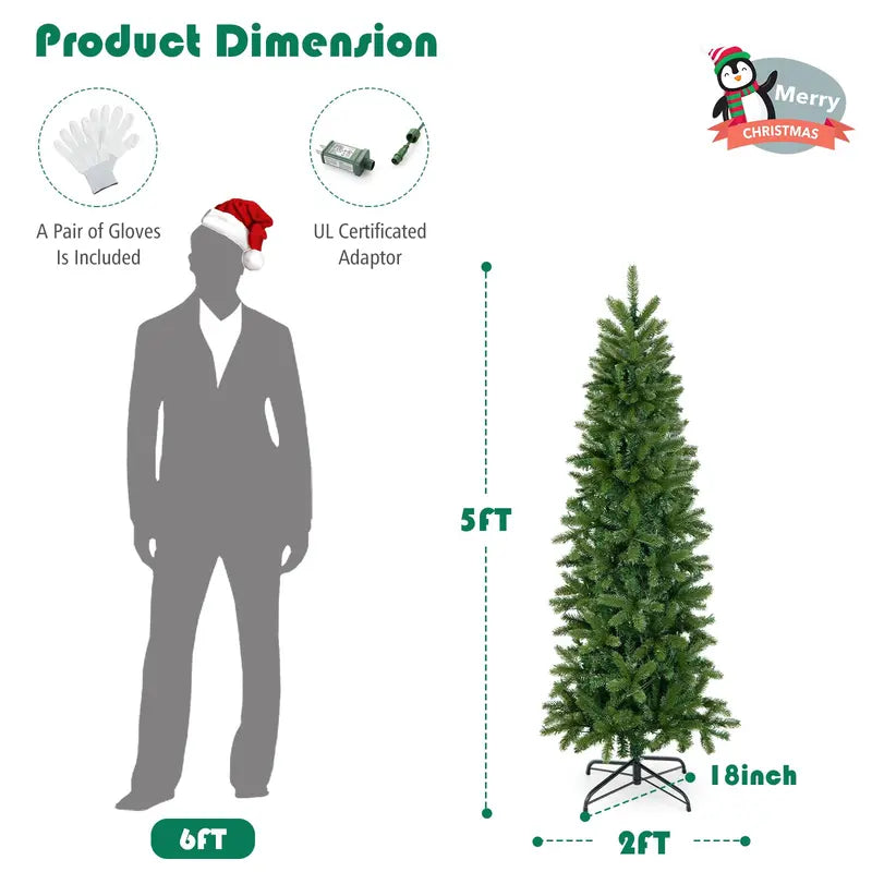 5-Foot Pre-Lit Slim Pencil Christmas Tree with 390 PVC/PE Branch Tips