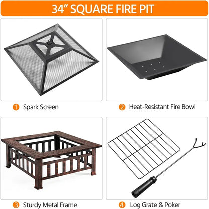 Yaheetech 32-Inch Square Fire Pit Table  Multifunctional Outdoor Heating Unit for Patios, Gardens, Camping & Picnics