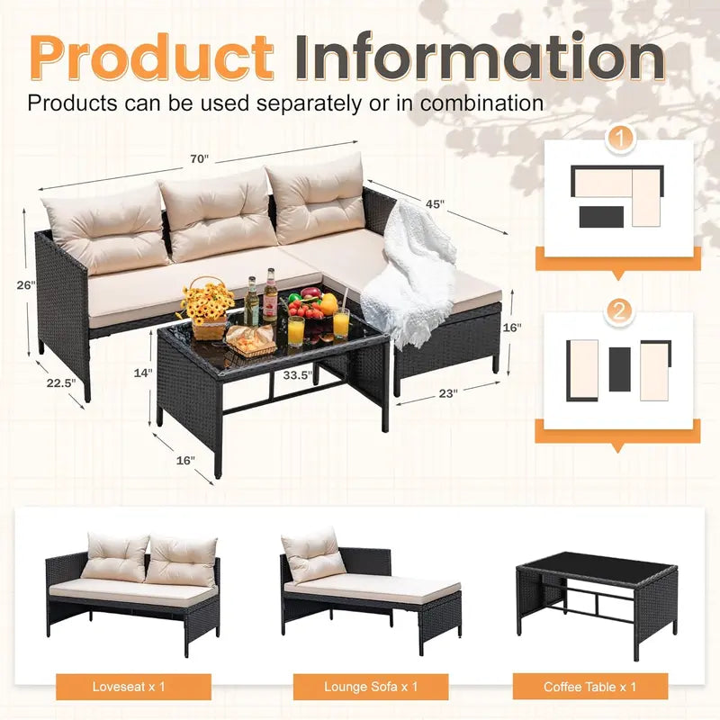 Devoko 3-Piece Beige L-Shaped Rattan Patio Sectional with All-Weather Cushions and Glass Table