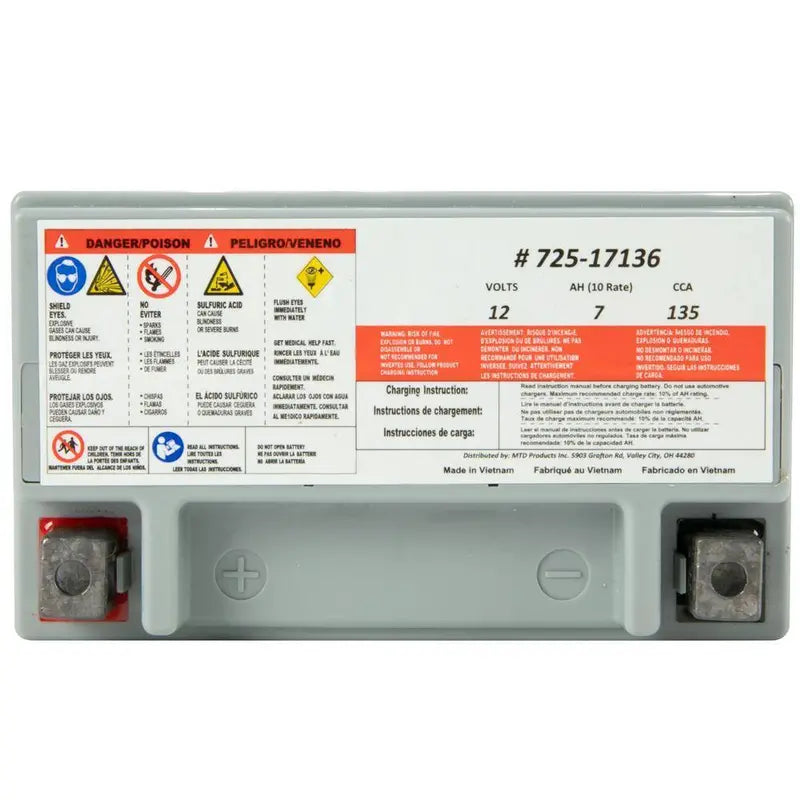 MTD 12V 7Ah AGM Lawn Mower Battery for Cub Cadet/Troy-Bilt, 135 CCA, Maintenance-Free