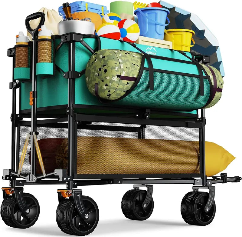 50″ Outdoor All-Terrain Double-Decker Wagon  400L Collapsible Sports & Utility Cart for Camping & Transport